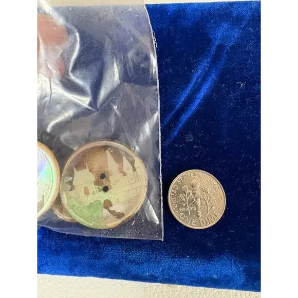Antique Mother Of Pearl Abalone Etched Buttons Set of 6 Village Scene - Picture 2 of 6